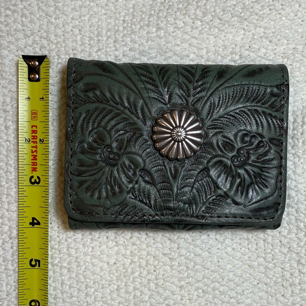 American West, Hand-Tooled Leather Wallet in Dark Green with Silver Concho - Picture 2 of 7